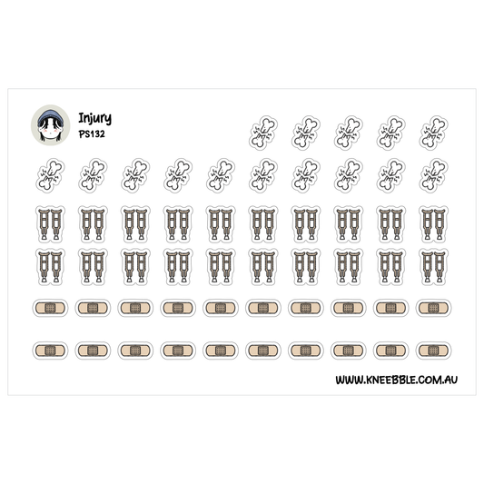 a collection of stickers and illustrations related to injuries and medical supplies.