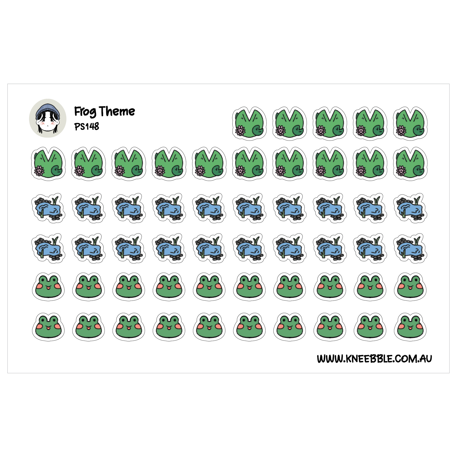 a grid of various cartoon frog stickers, each with different colors and designs.