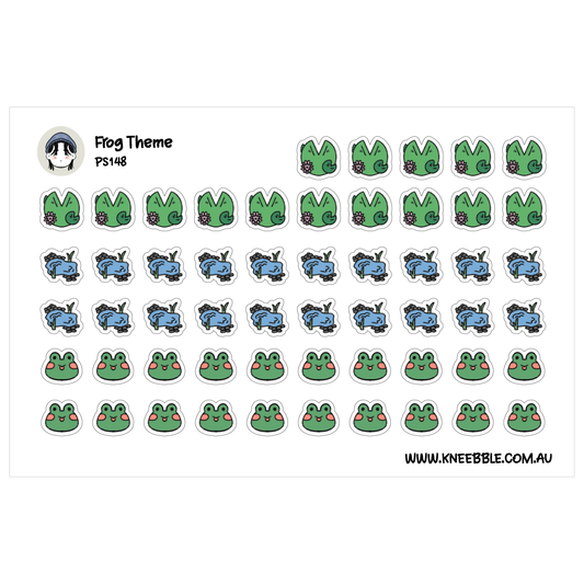 a grid of various cartoon frog stickers, each with different colors and designs.