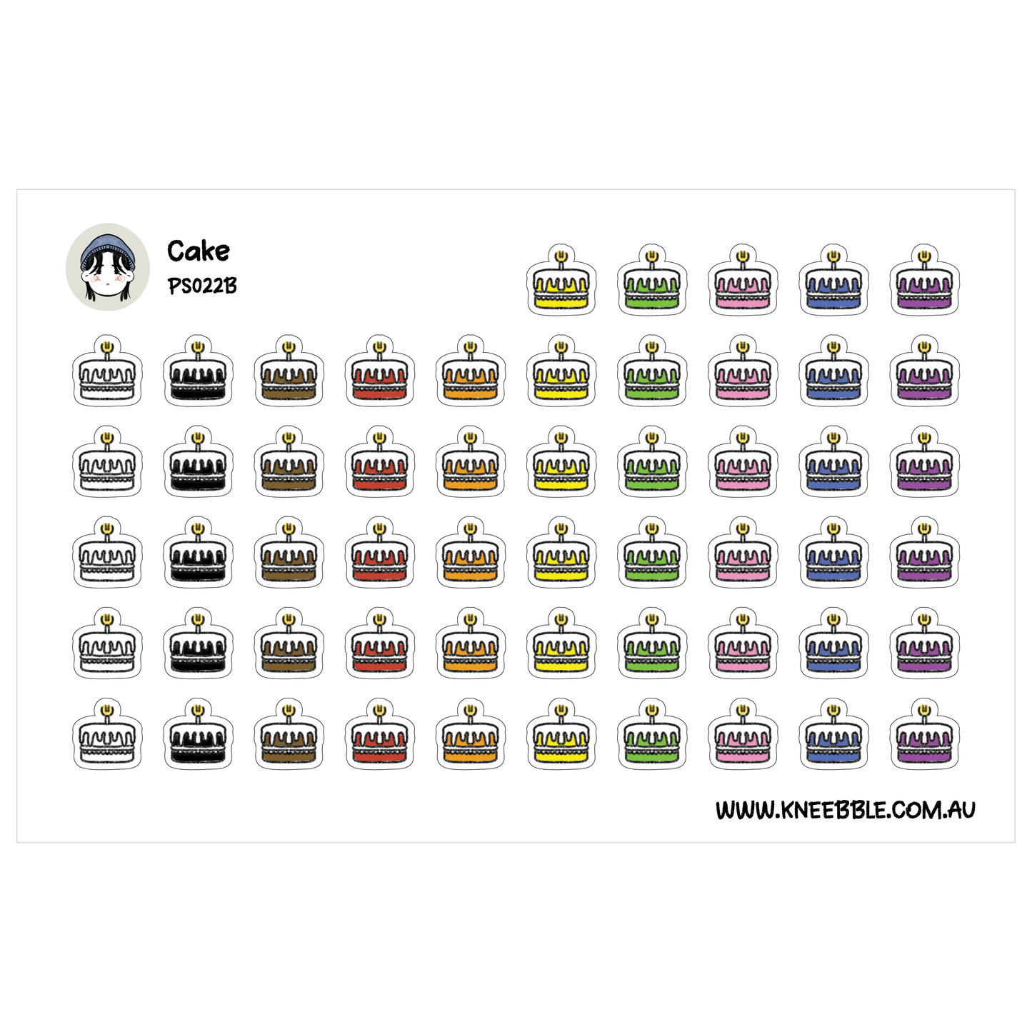 a grid of various colored cakes, each with a unique design and color. The cakes are arranged in rows and columns, creating a visually appealing and organized display.