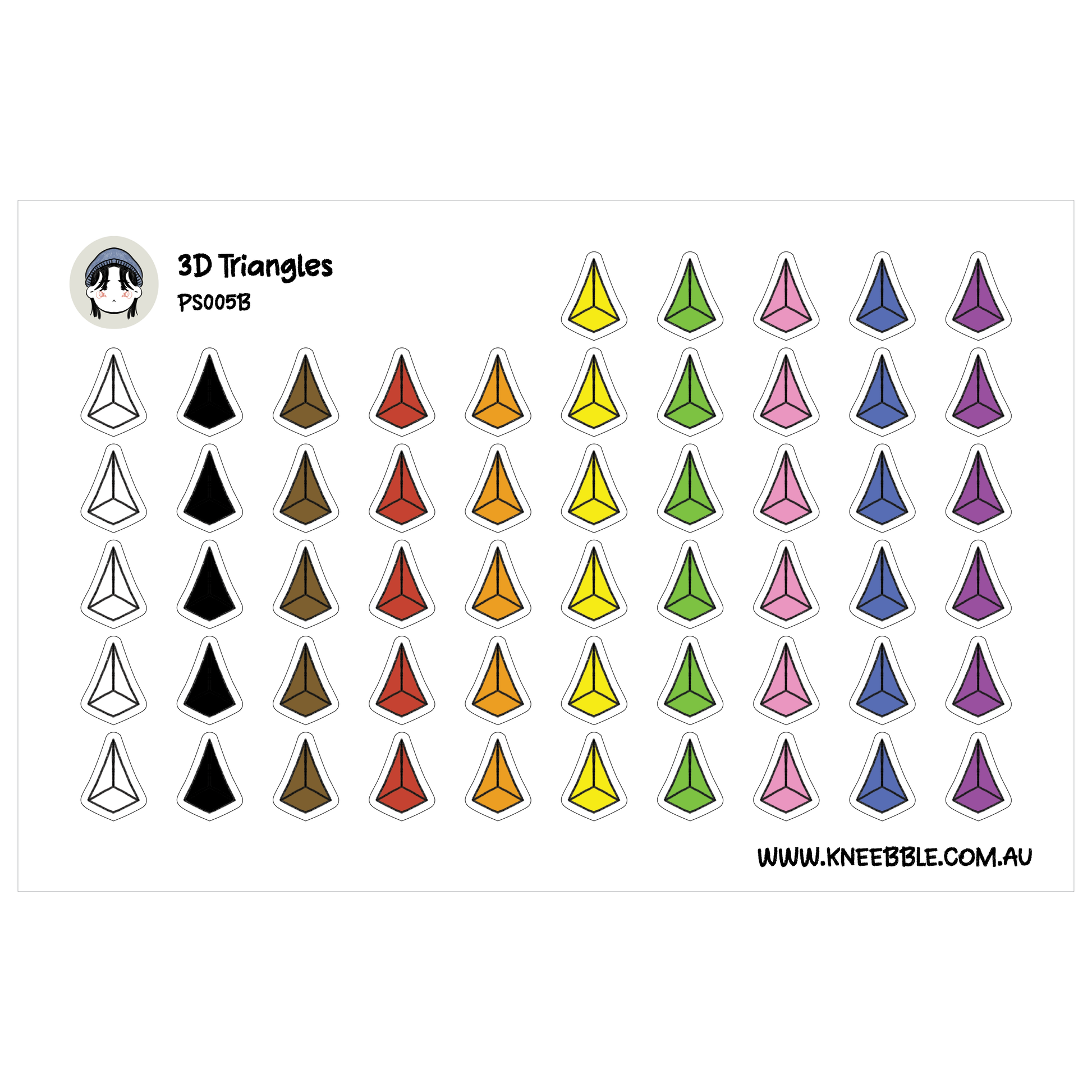 a collection of various 3D triangle shapes in different colors, arranged in rows and columns.