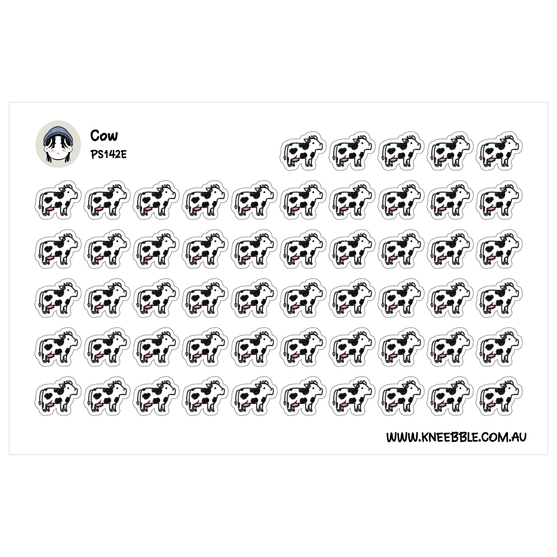 a grid of black and white cow stickers arranged in rows and columns.