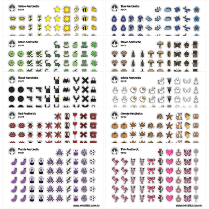 a collection of various colorful and stylized icons and illustrations, including stars, flowers, mushrooms, and other abstract shapes and symbols. The icons are arranged in rows and columns, creating a visually appealing and diverse display.