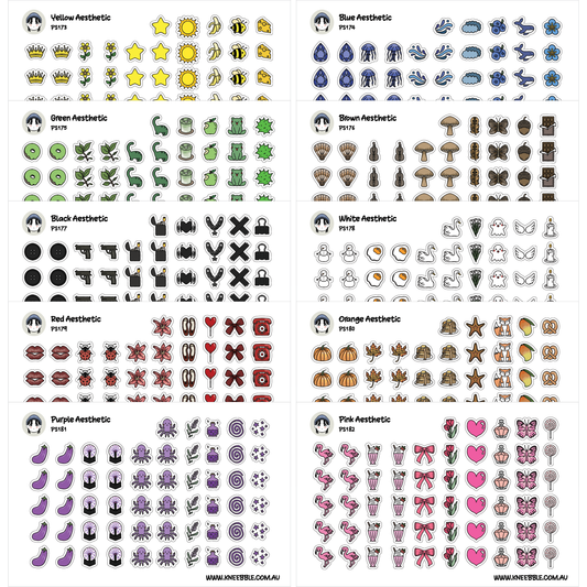 a collection of various colorful and stylized icons and illustrations, including stars, flowers, mushrooms, and other abstract shapes and symbols. The icons are arranged in rows and columns, creating a visually appealing and diverse display.