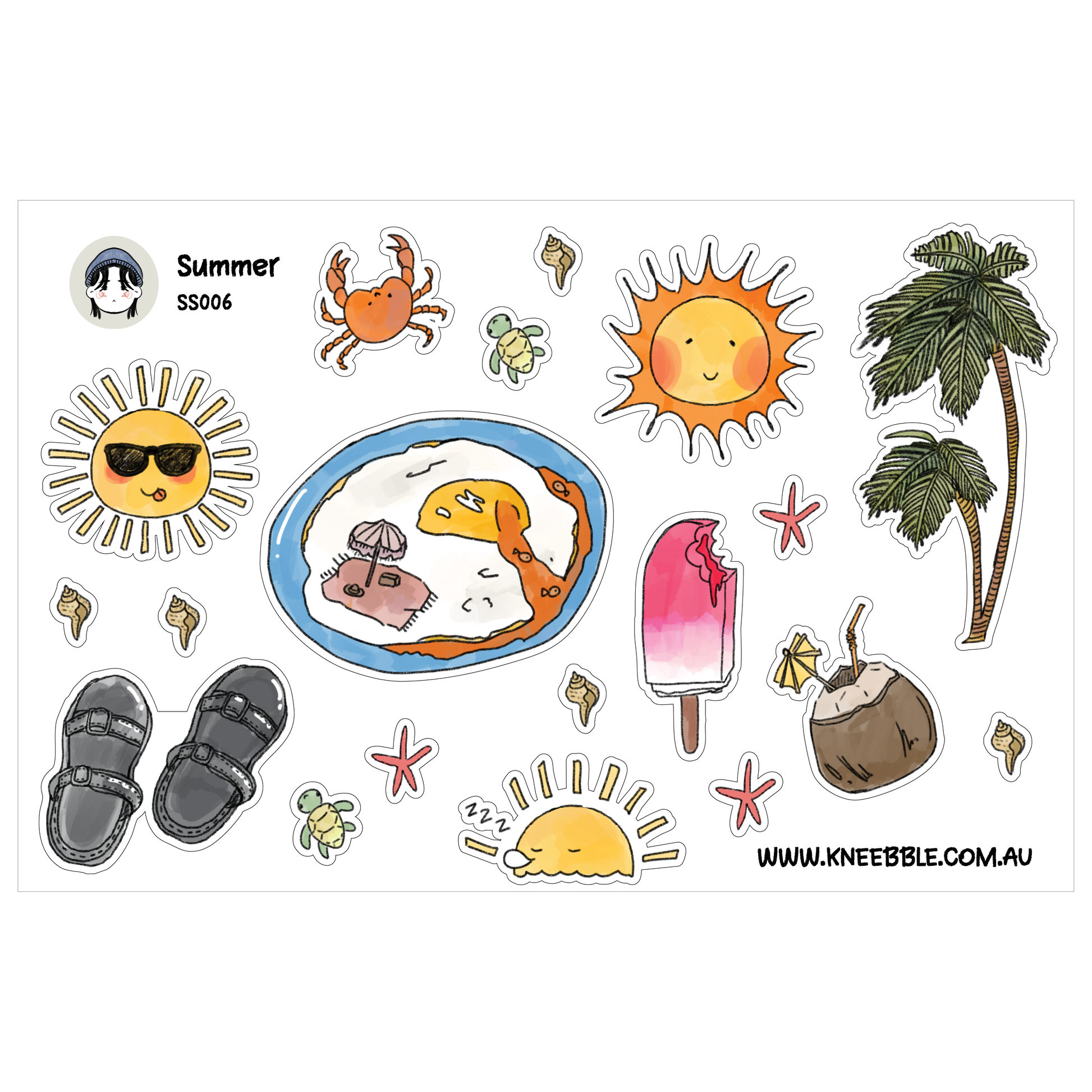 various summer-themed illustrations, including a sun, a crab, a plate of food, a palm tree, a pair of sandals, a popsicle, a coconut, and a starfish.