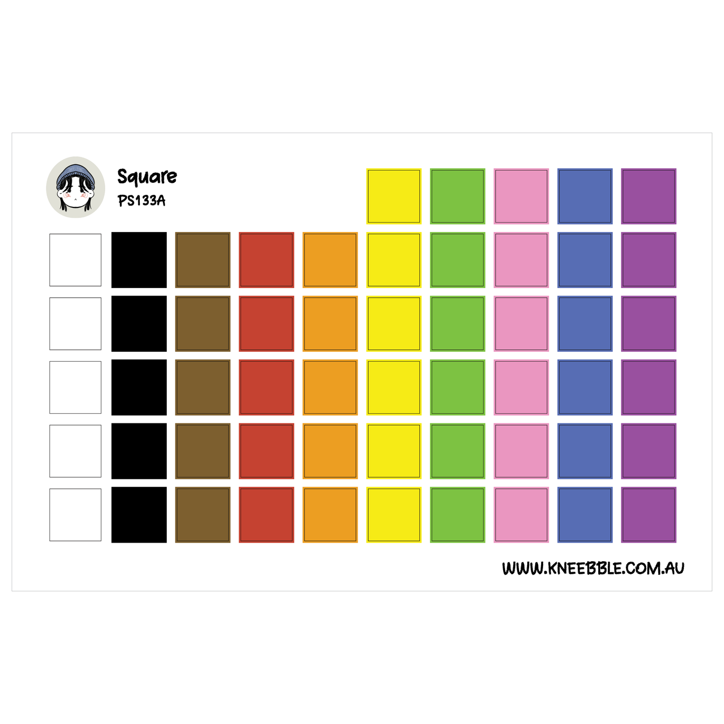 The image is a color palette featuring a variety of square shapes in different colors, including white, black, brown, orange, yellow, green, blue, purple, and pink.