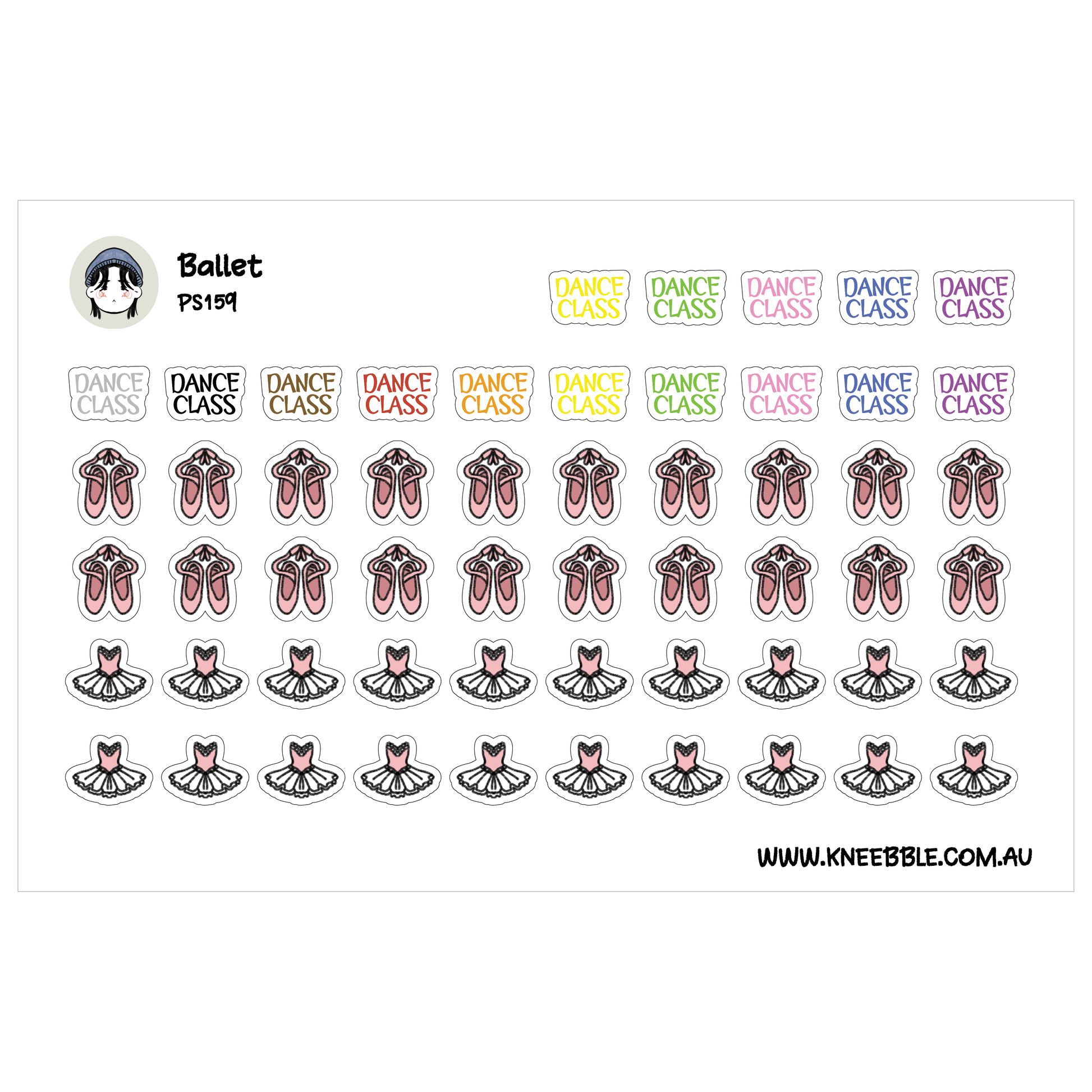 a collection of stickers with various dance-related icons, including ballet shoes and tutus, arranged in rows.