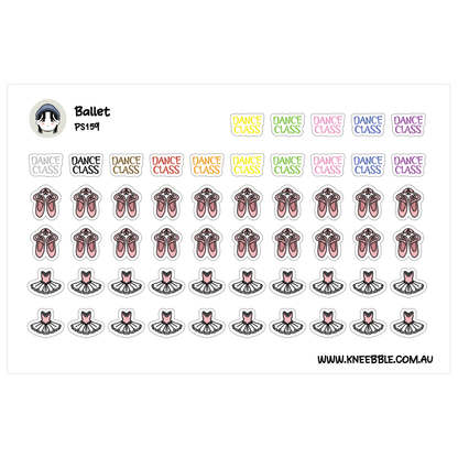 a collection of stickers with various dance-related icons, including ballet shoes and tutus, arranged in rows.