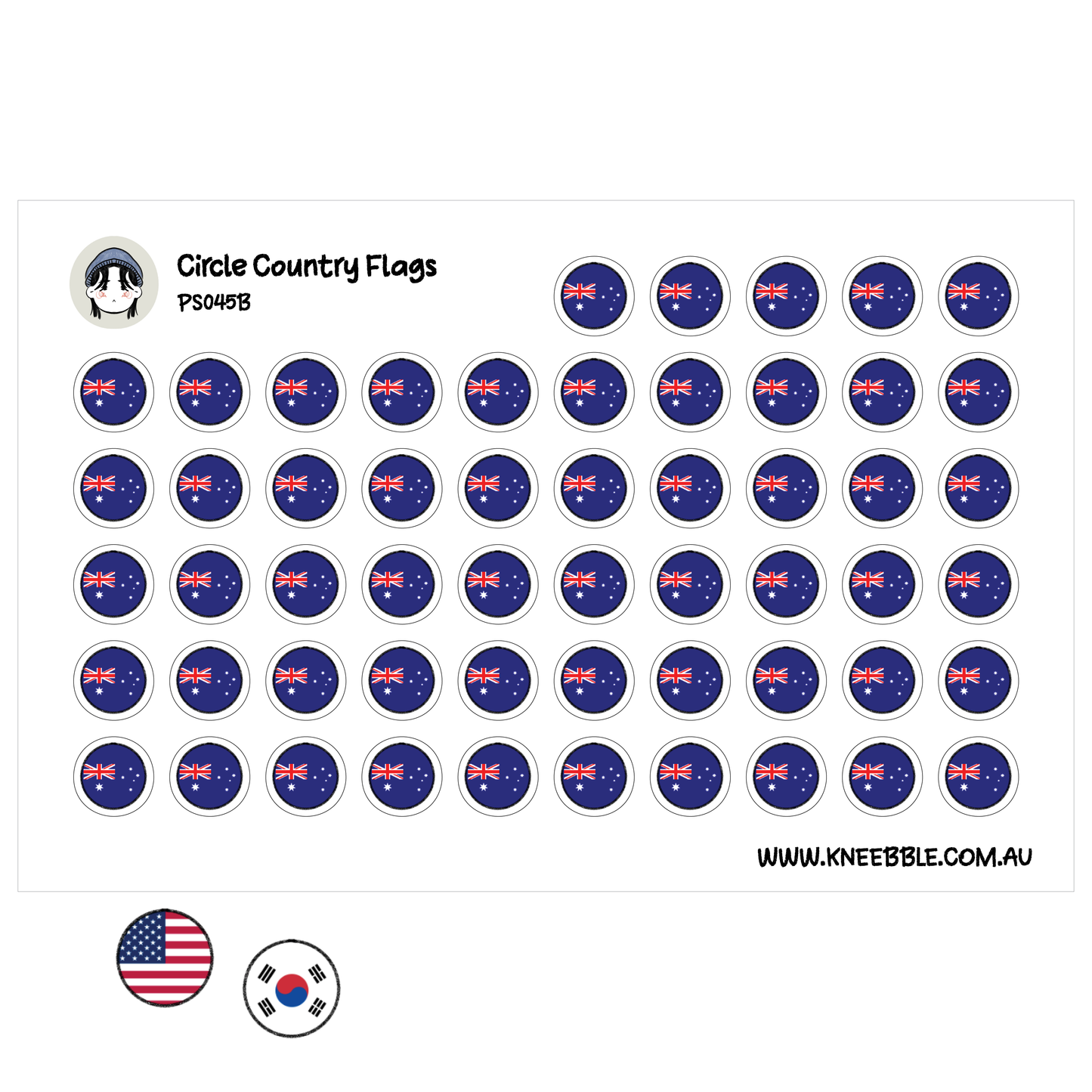 a grid of circular stickers with the Australian flag and the American and Korean flags displayed on them.