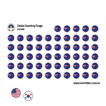 a grid of circular stickers with the Australian flag and the American and Korean flags displayed on them.