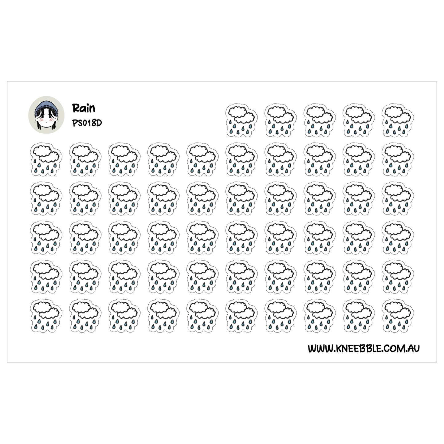 a grid of black and white stickers depicting rain clouds.