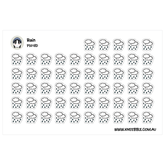 a grid of black and white stickers depicting rain clouds.
