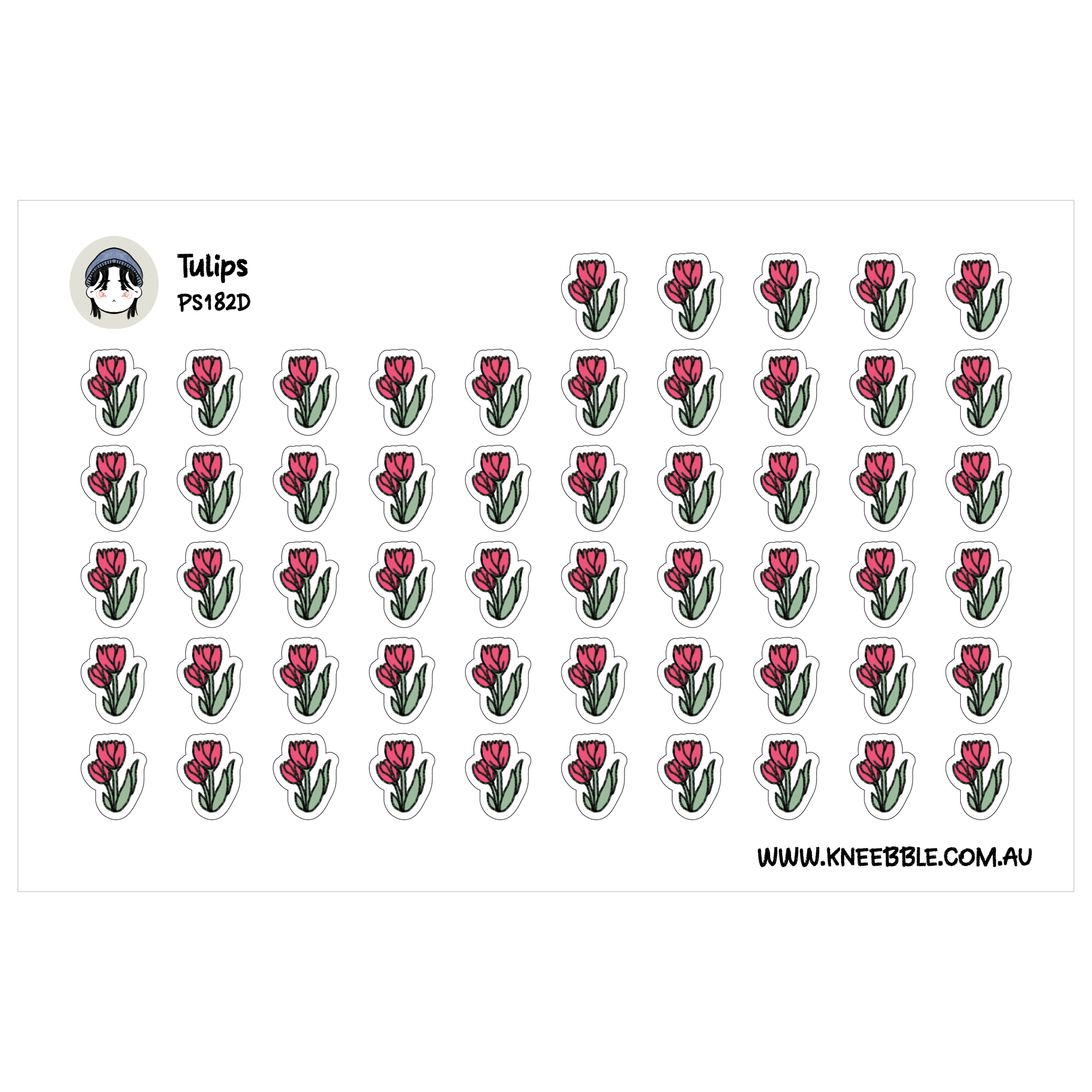 a grid of small, identical stickers with red flowers on them.