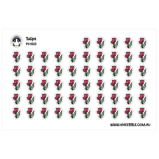 a grid of small, identical stickers with red flowers on them.