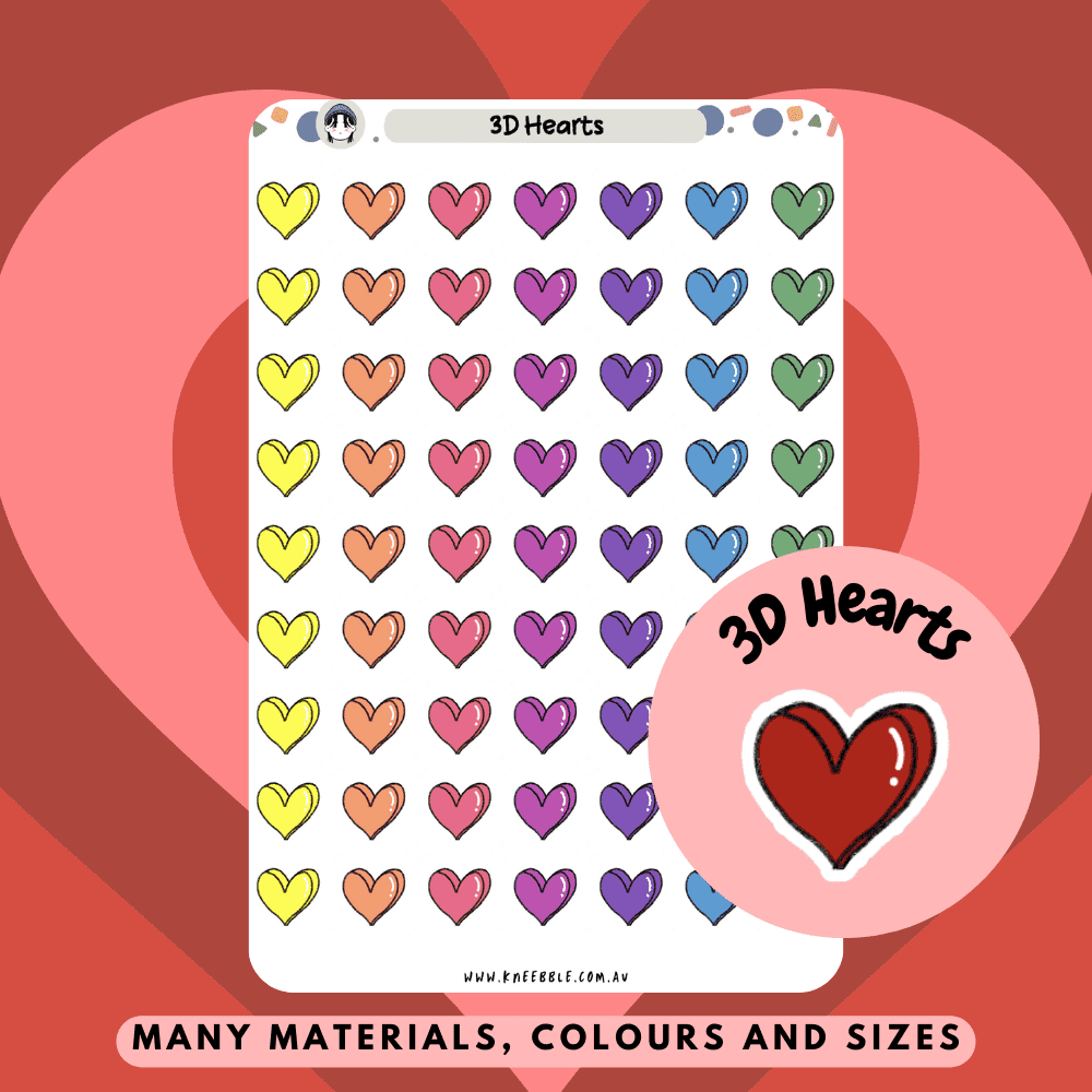 Three-dimensional colourful heart stickers perfect for decorating your planner.