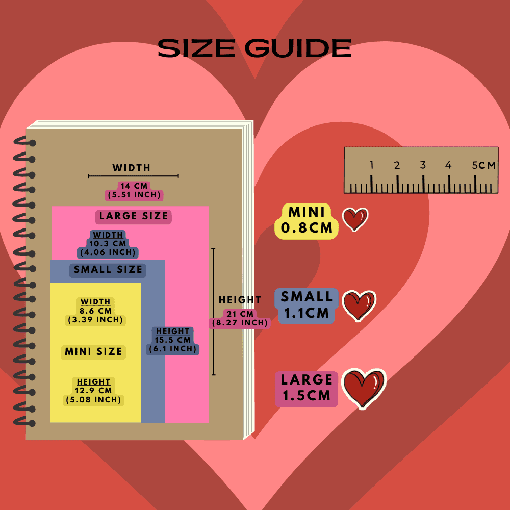 Three-dimensional heart icons size guide comparison.