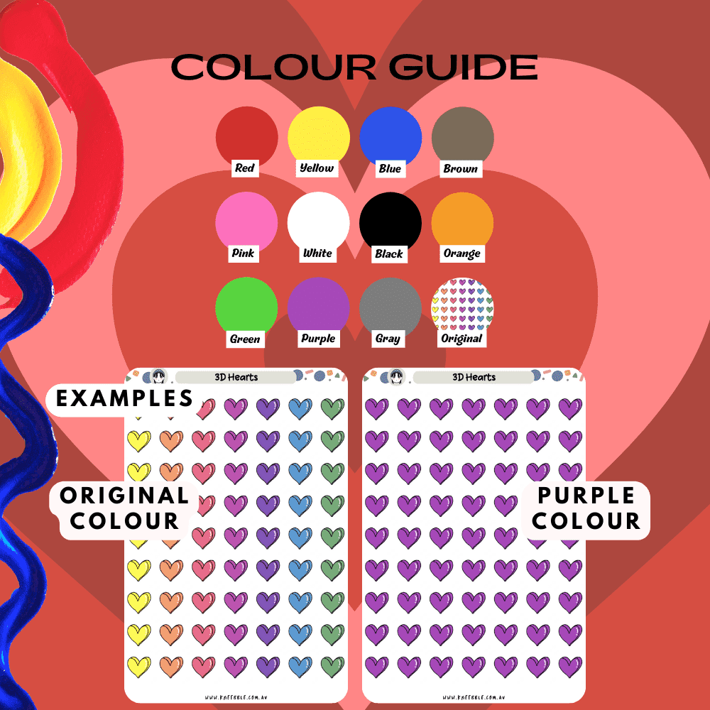 Three-dimensional heart sticker sheet colour guide including rainbow and red colours.