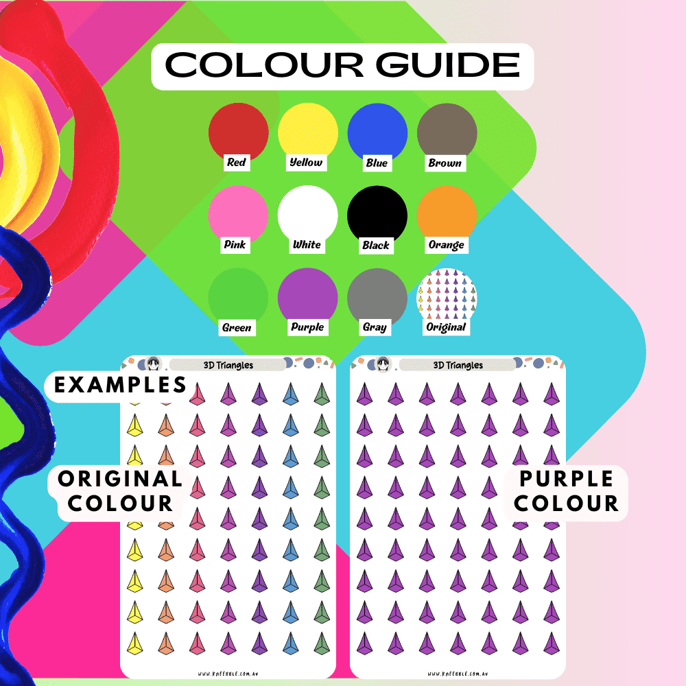 Three dimensional colour planner sticker sheet colour guide including rainbow and other single colours.