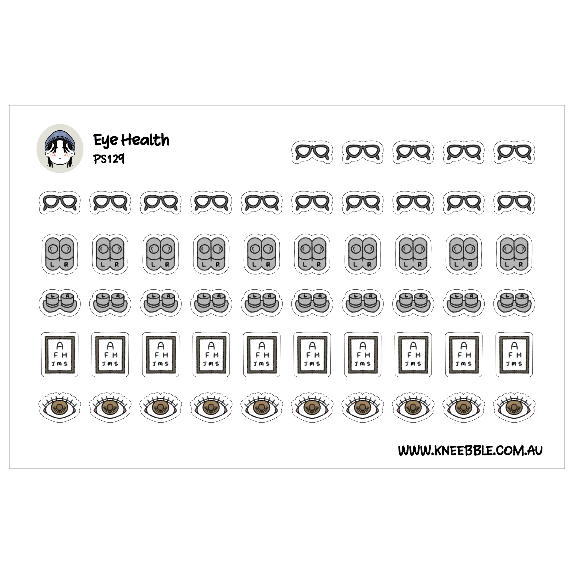 a collection of eye health-related stickers and icons, including glasses, eyes, and other related symbols.