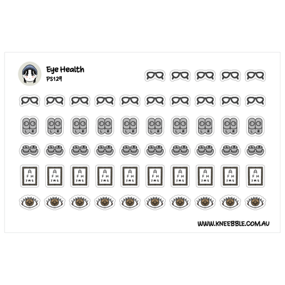 a collection of eye health-related stickers and icons, including glasses, eyes, and other related symbols.