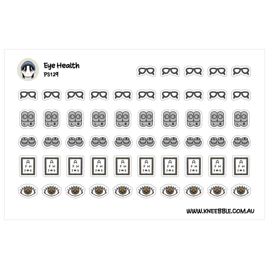 a collection of eye health-related stickers and icons, including glasses, eyes, and other related symbols.