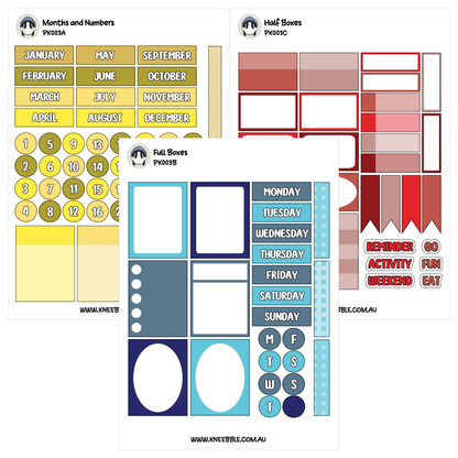 three different types of stickers or decals, each with various shapes and colors, arranged in a grid-like pattern.