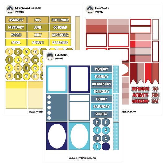 three different types of stickers or decals, each with various shapes and colors, arranged in a grid-like pattern.