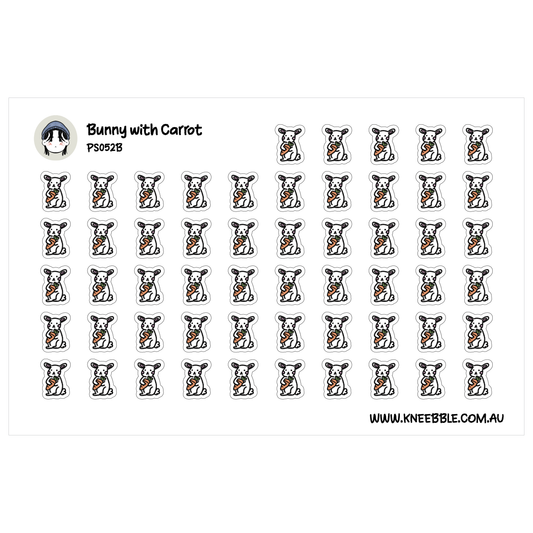 a grid of small, cartoon-style stickers depicting a bunny holding a carrot.