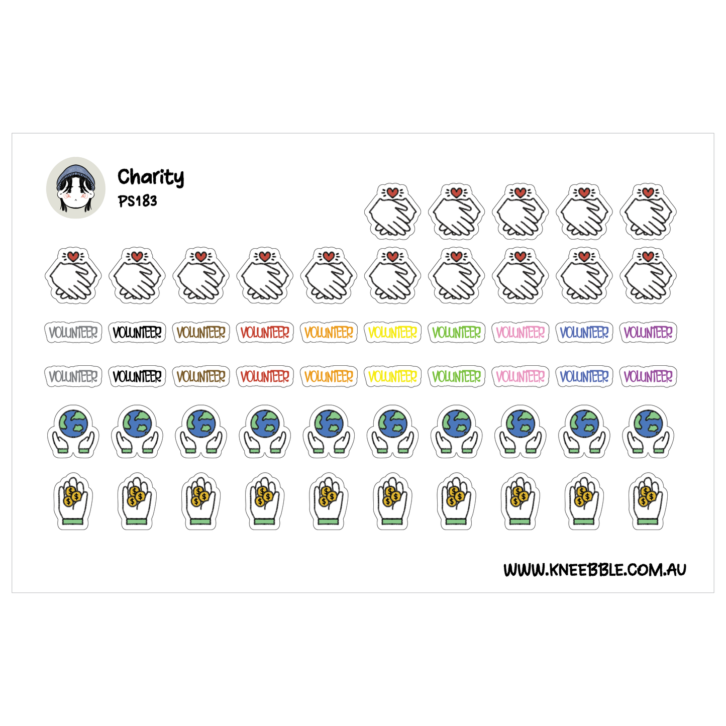 a collection of stickers with various volunteer-related icons, such as hands, hearts, and globes, arranged in rows and columns.