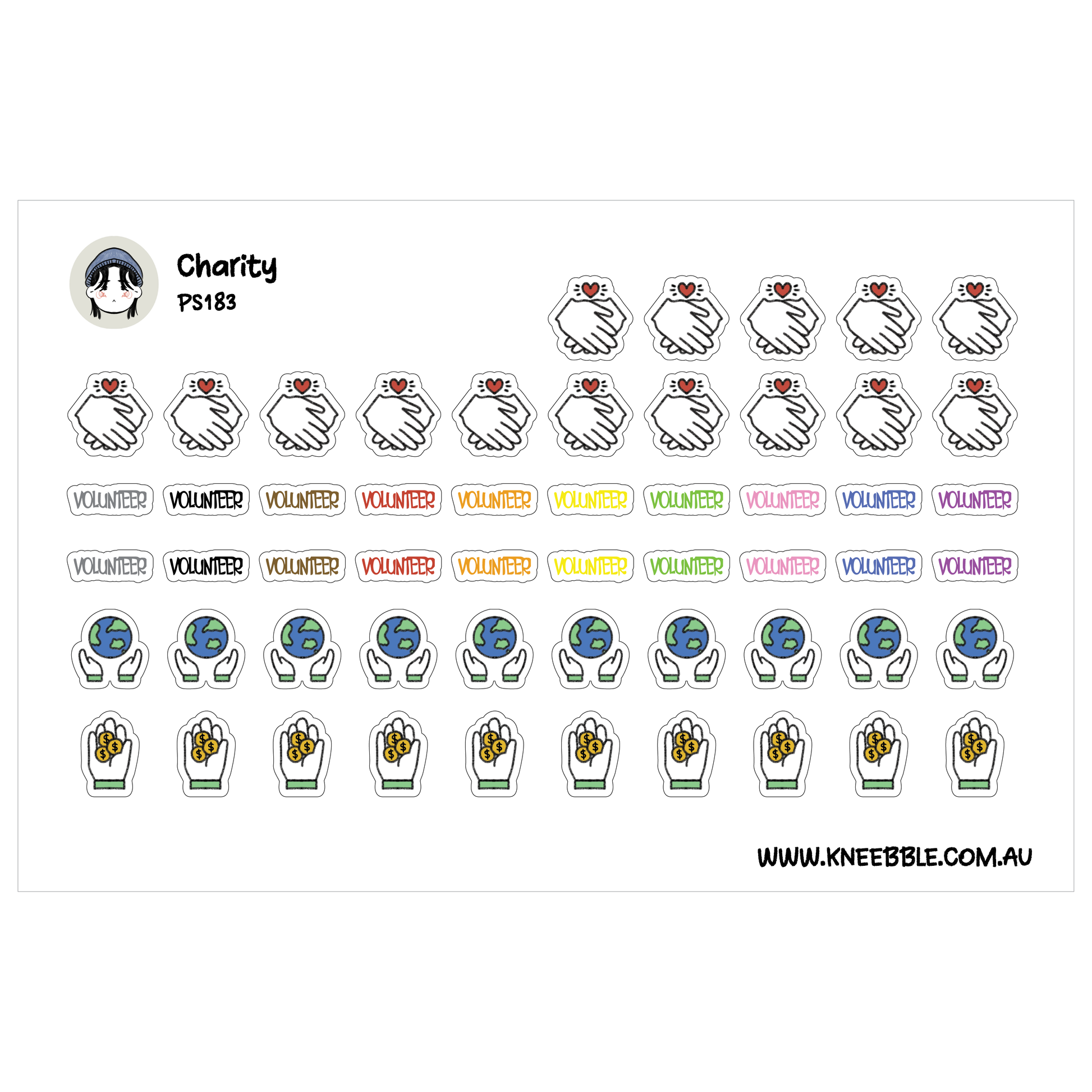 a collection of stickers with various volunteer-related icons, such as hands, hearts, and globes, arranged in rows and columns.