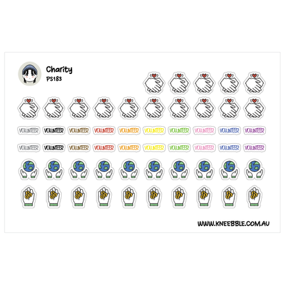 a collection of stickers with various volunteer-related icons, such as hands, hearts, and globes, arranged in rows and columns.