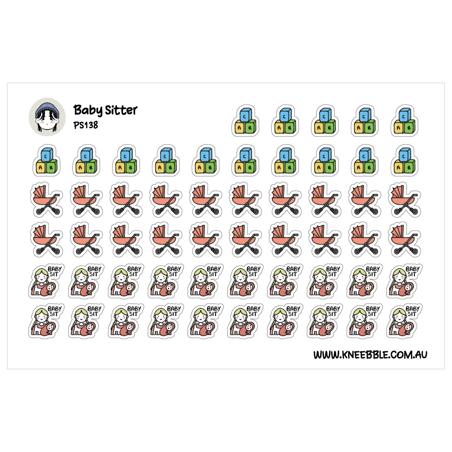 a collection of stickers featuring various cartoon-style illustrations, including a baby stroller, baby dolls, and other related icons.