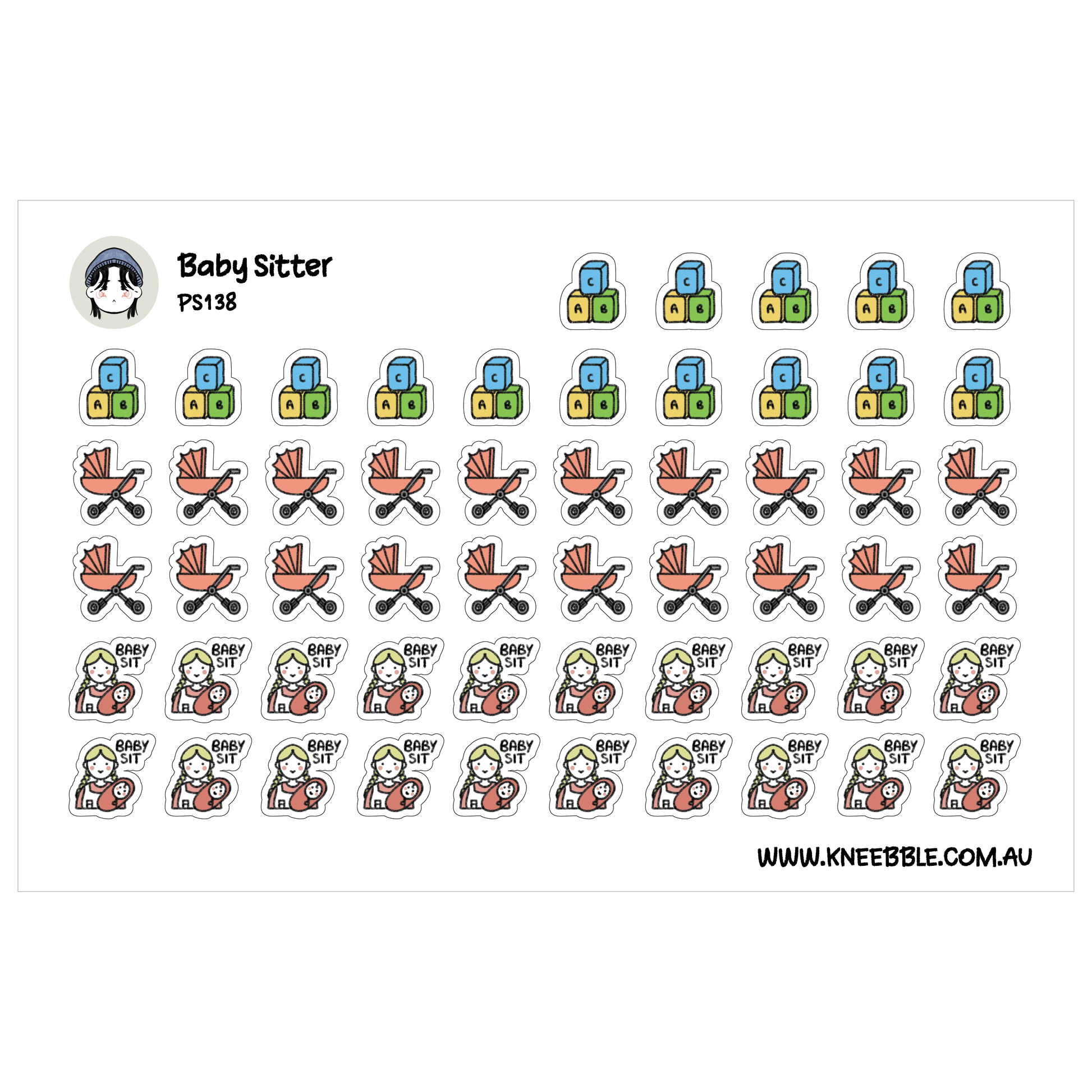 a collection of stickers featuring various cartoon-style illustrations, including a baby stroller, baby dolls, and other related icons.