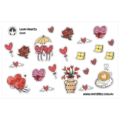various heart-themed stickers and illustrations, including hearts, roses, and other decorative elements.