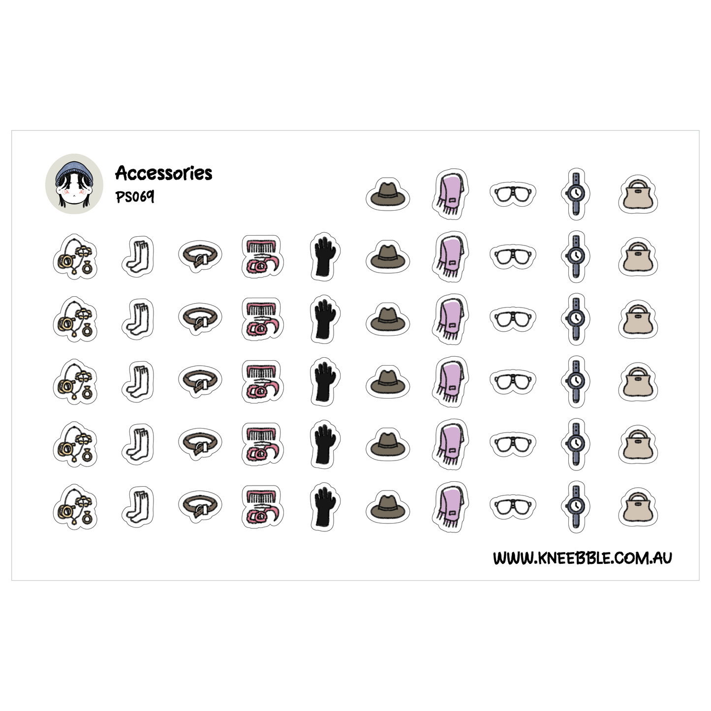 a collection of various accessories, including hats, glasses, and other items, arranged in rows and columns.