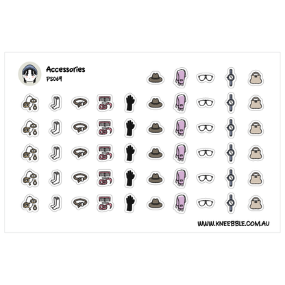 a collection of various accessories, including hats, glasses, and other items, arranged in rows and columns.