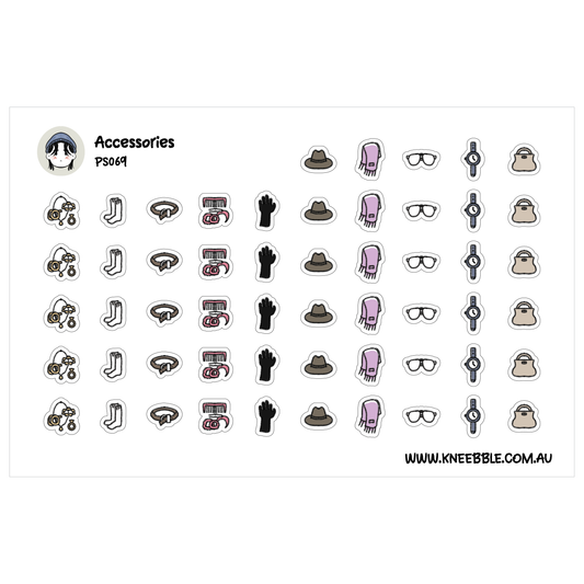 a collection of various accessories, including hats, glasses, and other items, arranged in rows and columns.