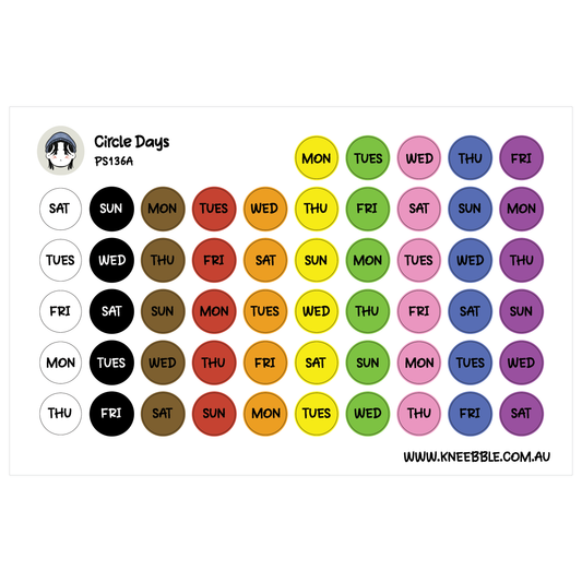 The image is a colorful sticker chart titled "Circle Days" with a total of 16 stickers. The chart displays the days of the week in a circular format, with each day represented by a different colored circle. The days are Monday through Friday, and the colors are black, white, brown, orange, yellow, green, blue, purple, and pink.