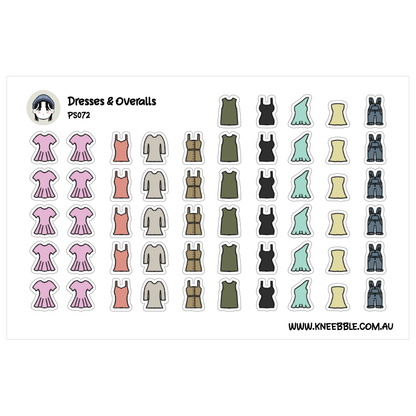a collection of various clothing items, including dresses and overcoats, arranged in rows and columns.