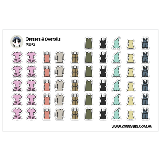 a collection of various clothing items, including dresses and overcoats, arranged in rows and columns.