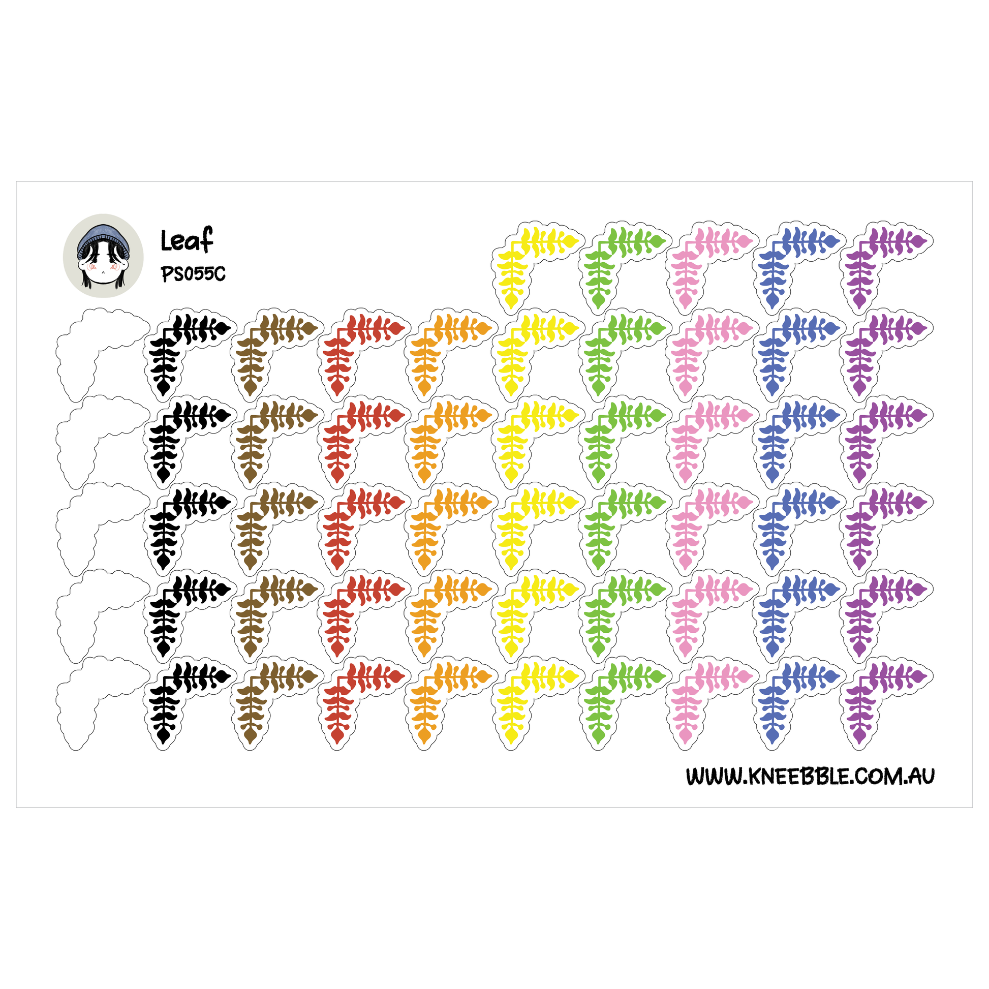 The image is a collage of various colorful leaf shapes, including different shades of green, yellow, pink, and purple.