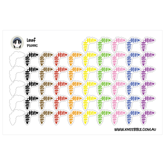 The image is a collage of various colorful leaf shapes, including different shades of green, yellow, pink, and purple.