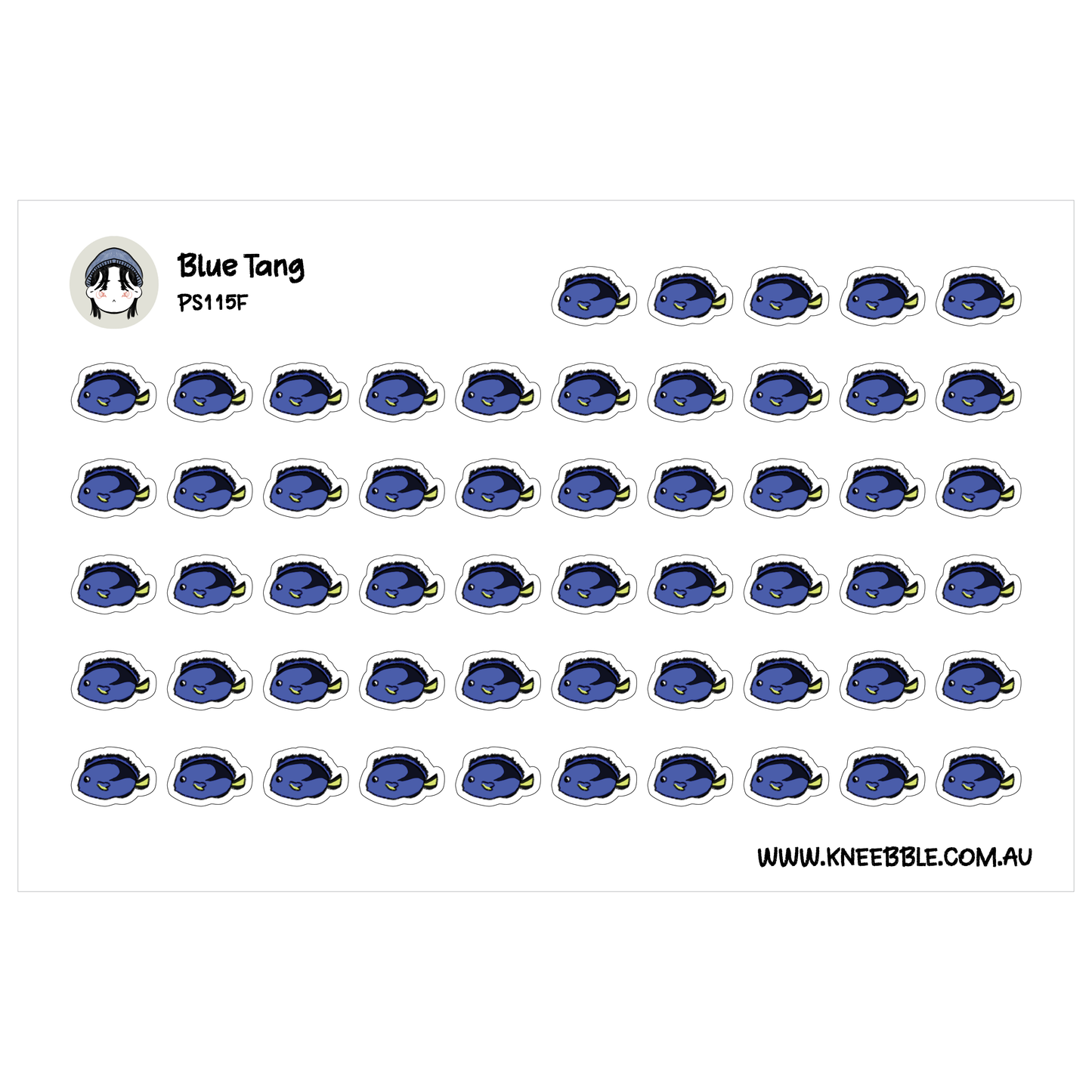 a grid of identical blue fish stickers arranged in rows and columns.