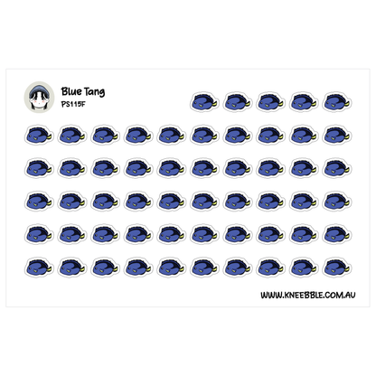 a grid of identical blue fish stickers arranged in rows and columns.