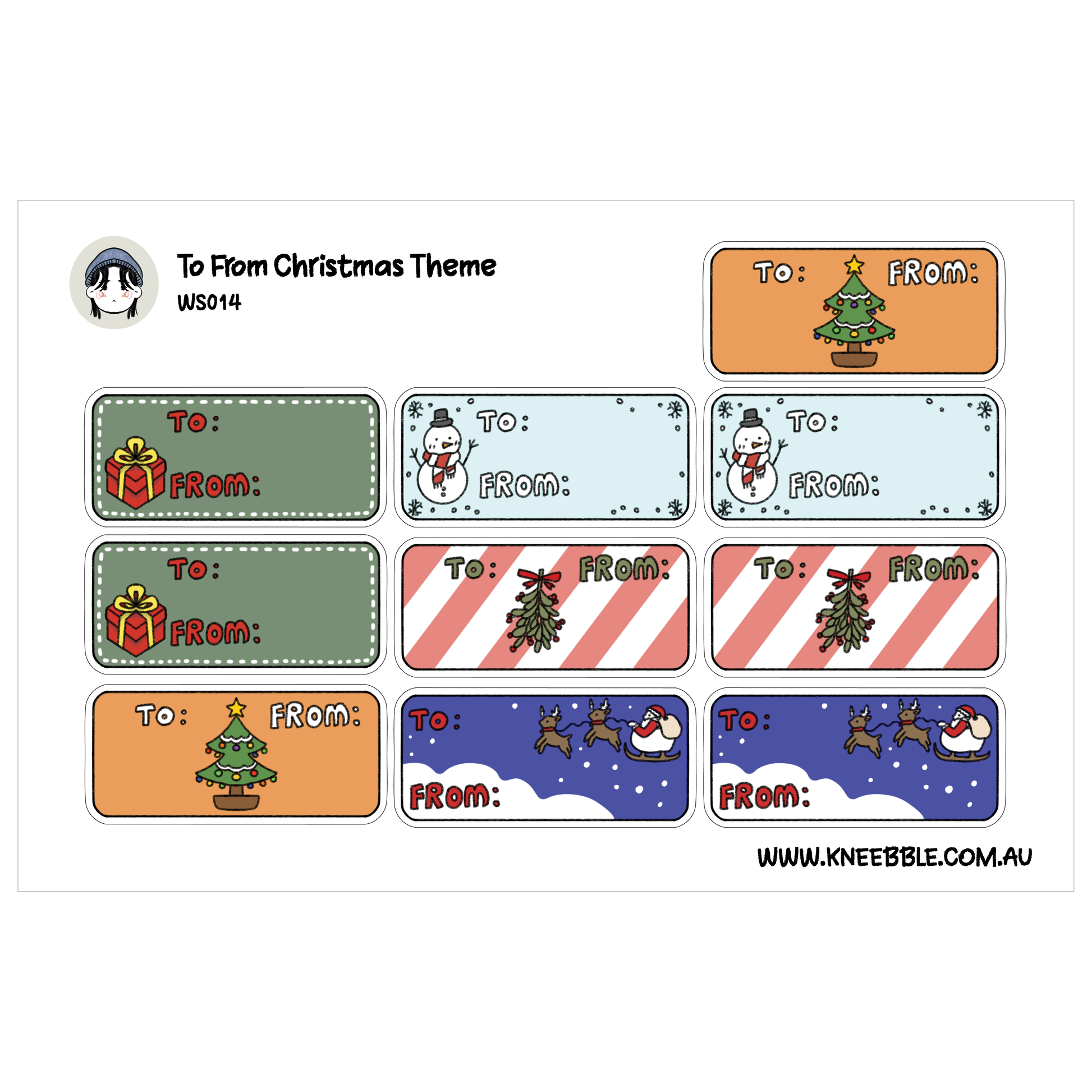 a collection of Christmas-themed labels with various illustrations, including a snowman, a Christmas tree, and reindeer. The labels are designed to be used as tags for sending holiday gifts, with each label featuring a different design and color scheme.
