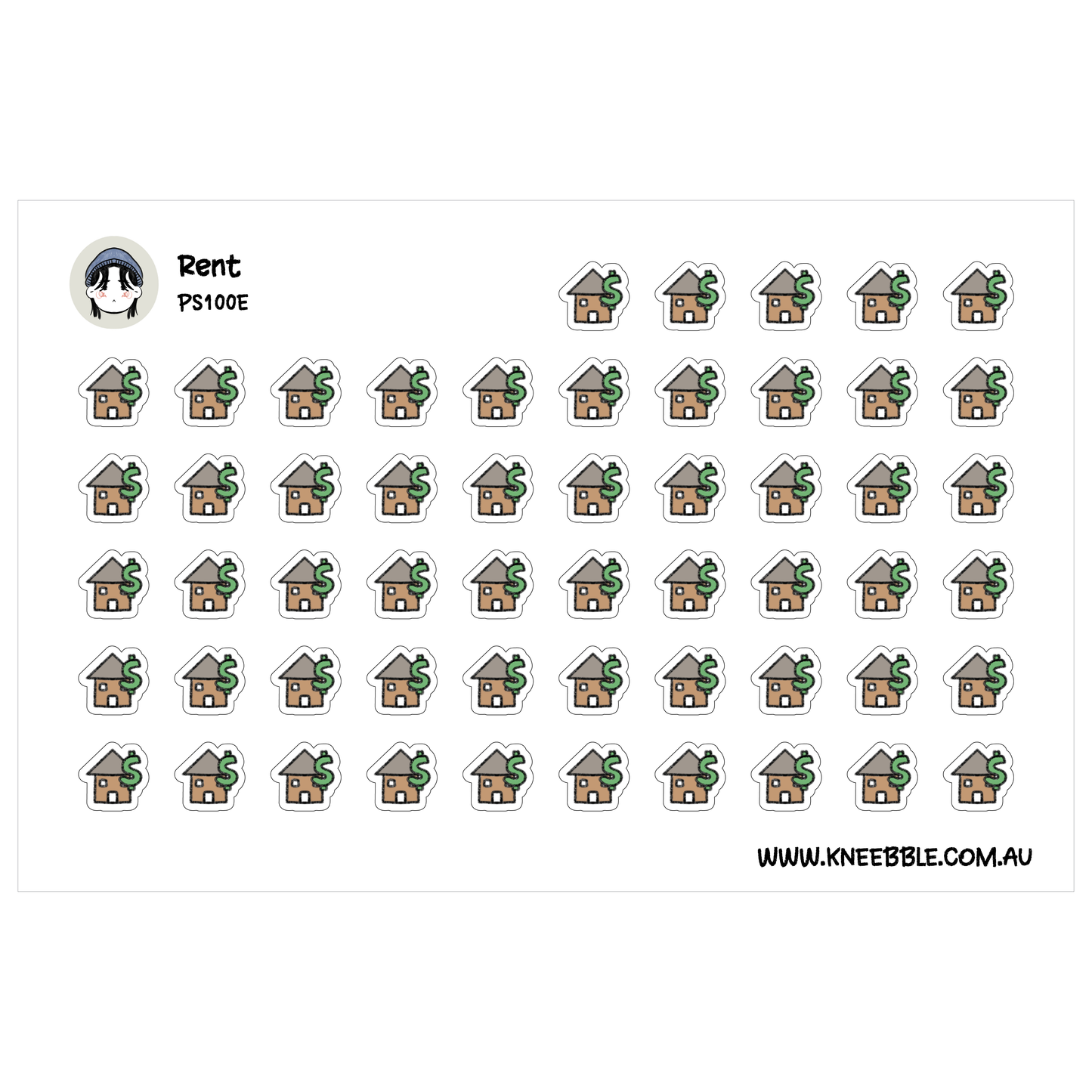 a grid of small house icons arranged in a pattern, with the text "Rent" and "PS100E" visible.