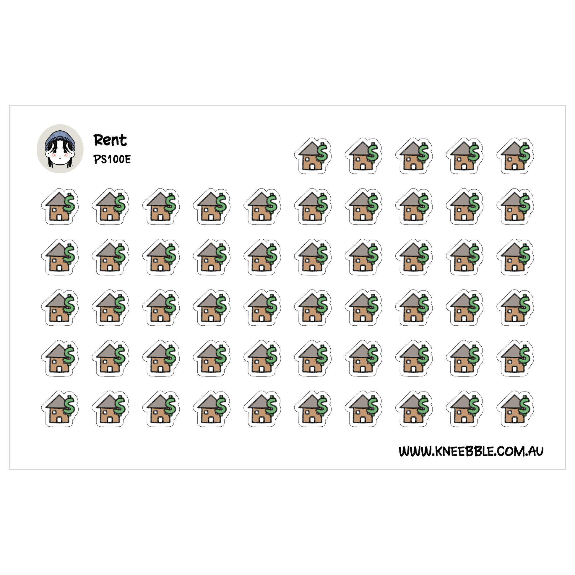 a grid of small house icons arranged in a pattern, with the text "Rent" and "PS100E" visible.