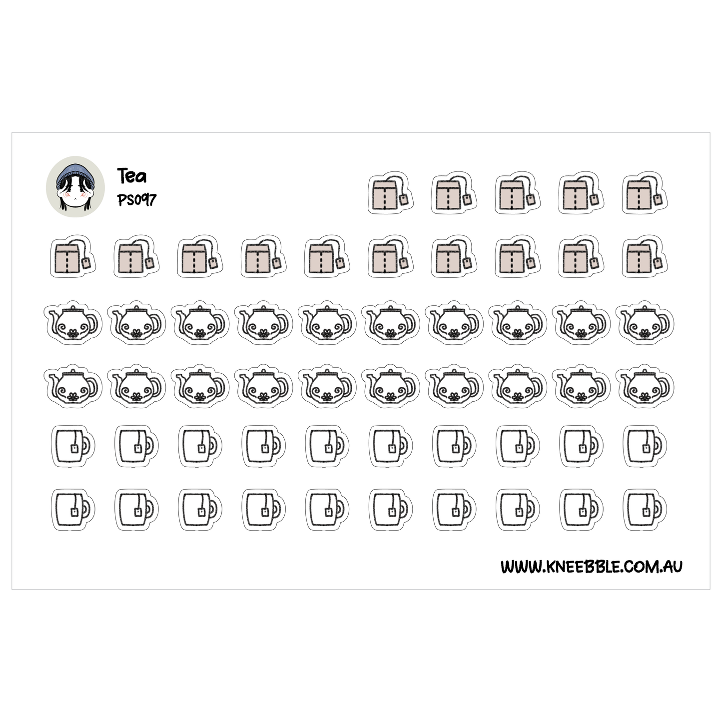 a grid of various tea-related icons and illustrations, including teapots, cups, and other tea-related objects.