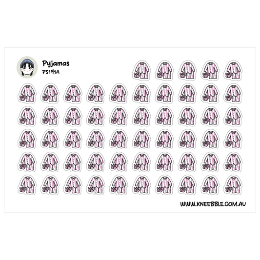 a grid of pink pajamas with a small cartoon character on top.