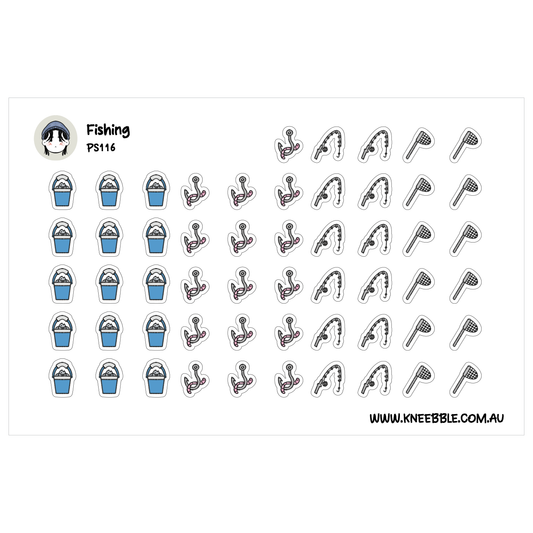 a collection of various fishing-related icons and objects, including a fish, a fishing rod, a bucket, and other fishing-related items.